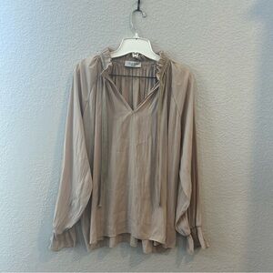 Lola & Sophie Women’s Tan Satin Tie neck Peasant Blouse with Ruffles M